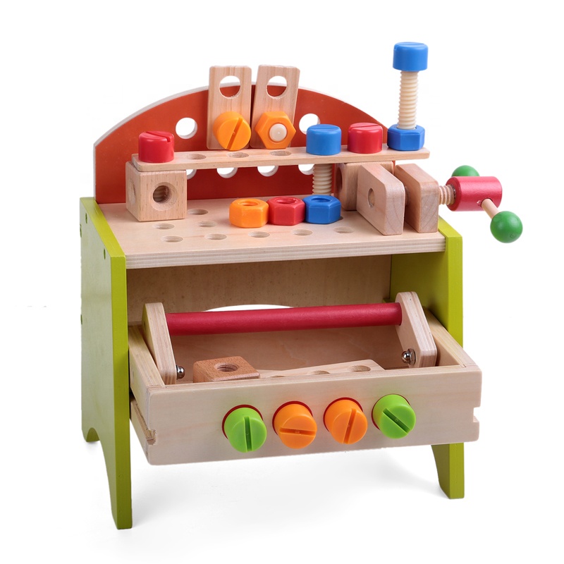 Easy Assembly Kids Pretend Play Educational Wooden Workbench Boy Tool Toy Set 