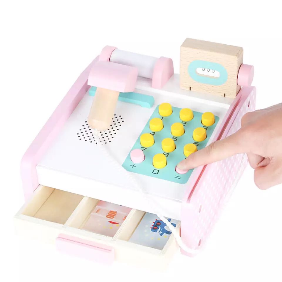 mini wooden cashier machine toy