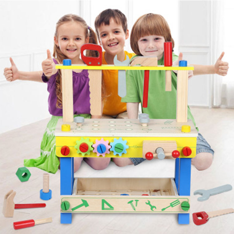 Multifunction Diy Kids Pretend Play Educational Tool Platform Wooden Workbench Toy 