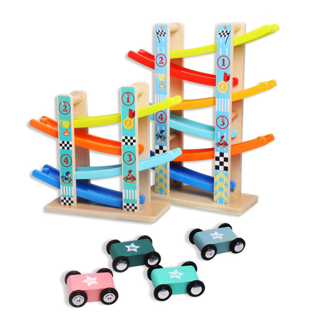  Wooden Track Toy Car Race Track Parking Garage Set gliding car 